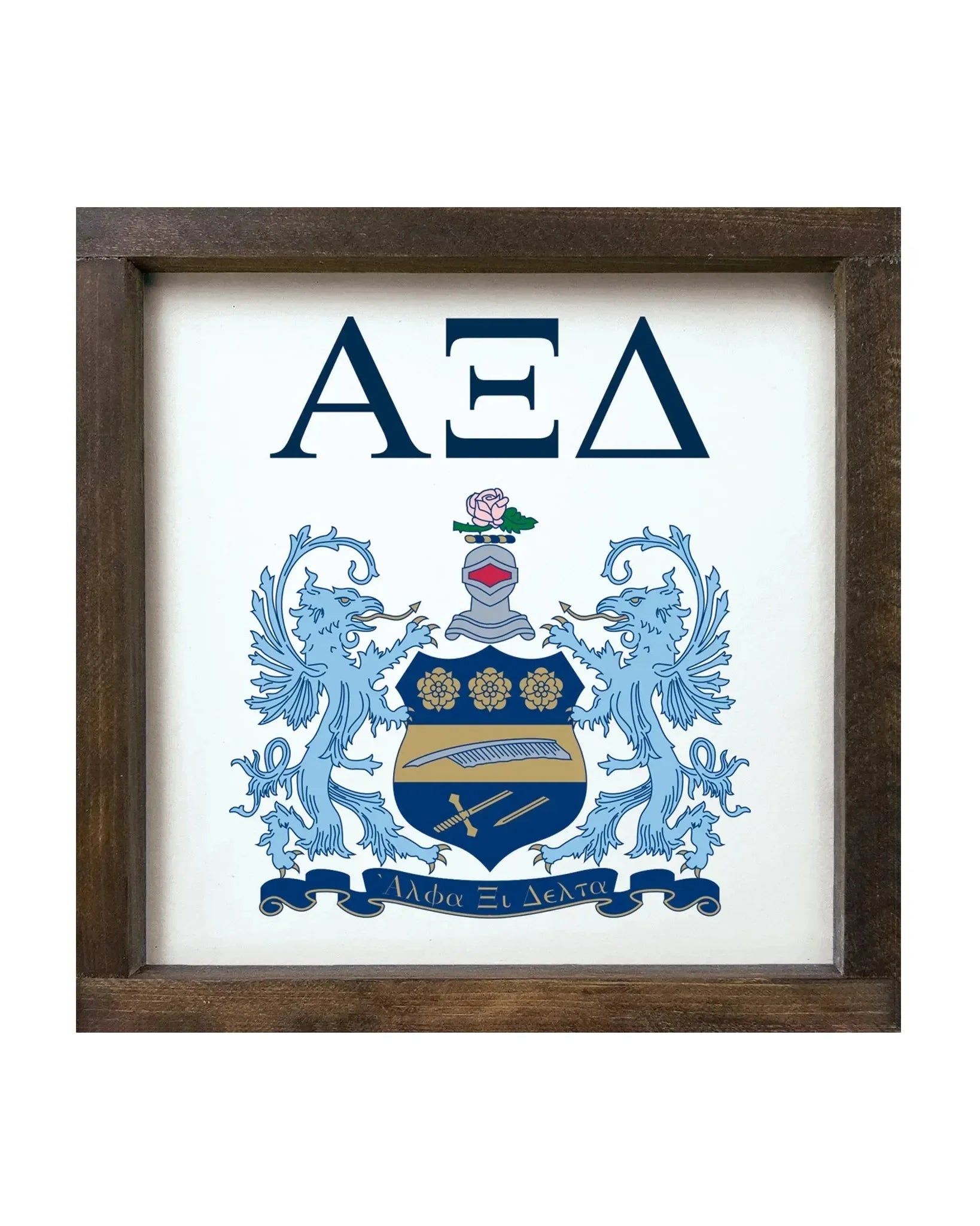 Alpha Xi Delta 12x12 Wood Framed Sign - Traditional Crest White Walnut Stain Wall Art & Signs