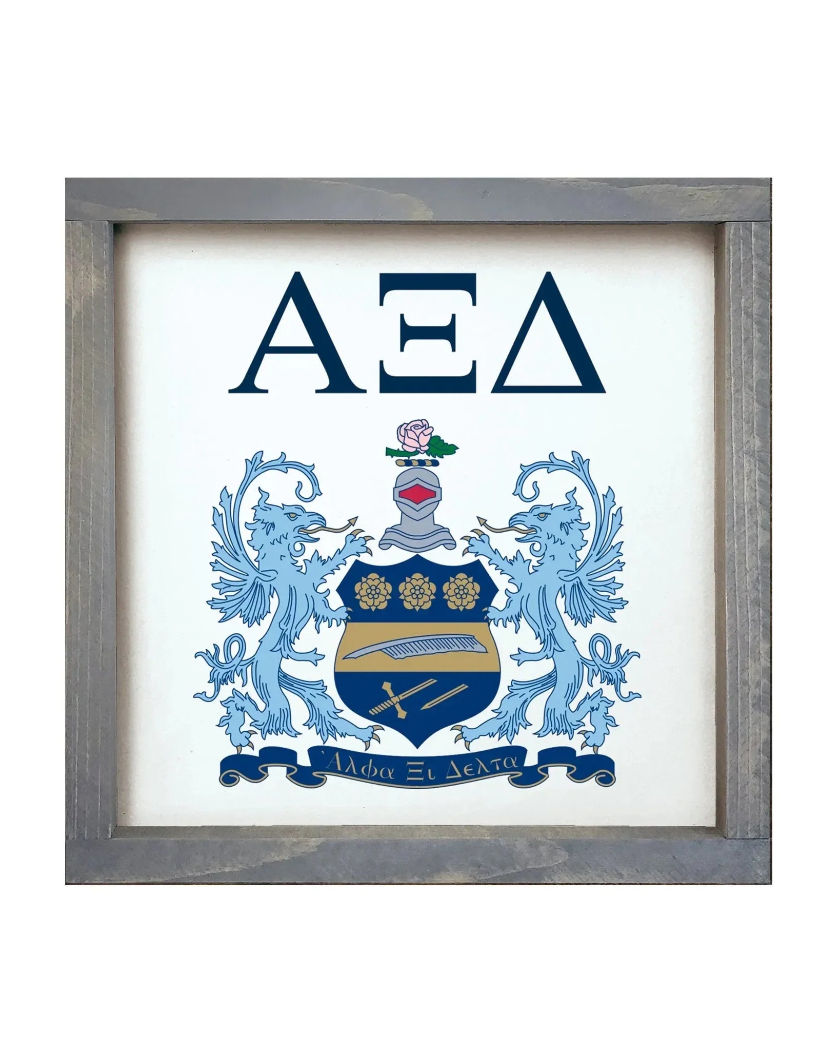 Alpha Xi Delta 12x12 Wood Framed Sign - Traditional Crest White Weathered Gray Wall Art & Signs