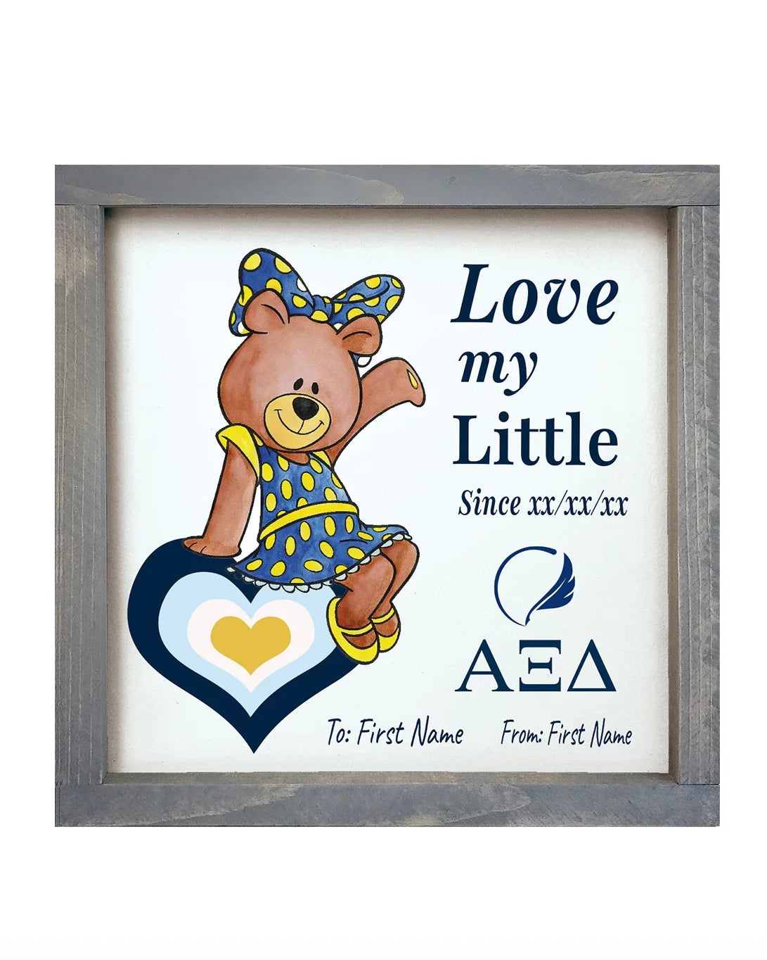 Personalized Alpha Xi Delta 12x12 Love My Big Little Wood Framed Sign