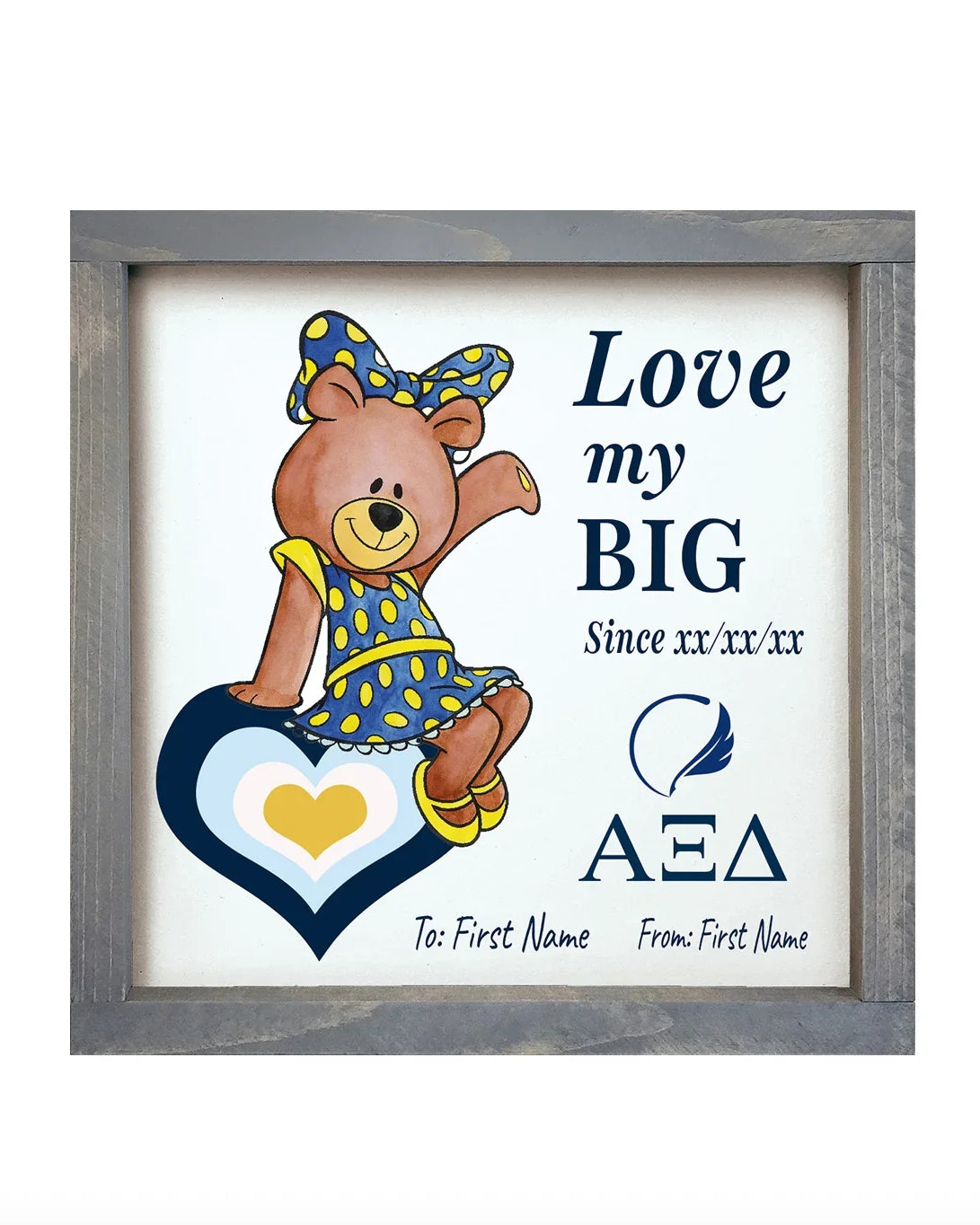 Personalized Alpha Xi Delta 12x12 Love My Big Little Wood Framed Sign