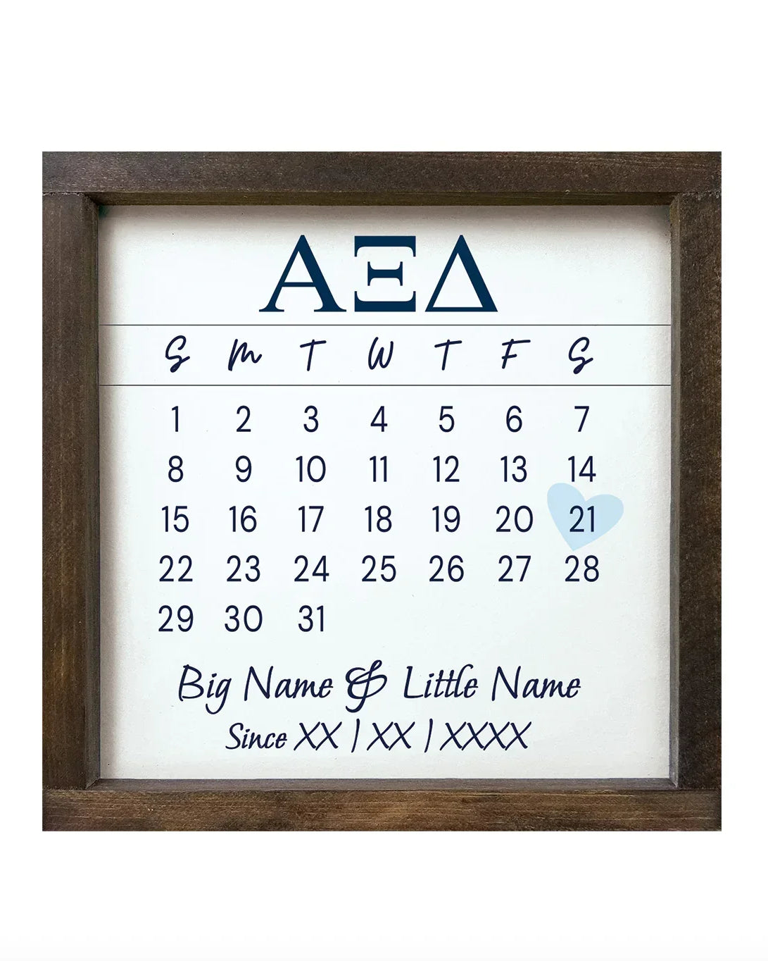 Alpha Xi Delta Personalized Big Little Calendar Framed Sign - 12x12