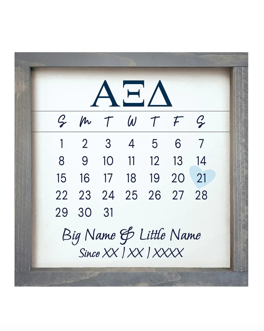 Alpha Xi Delta Personalized Big Little Calendar Framed Sign - 12x12