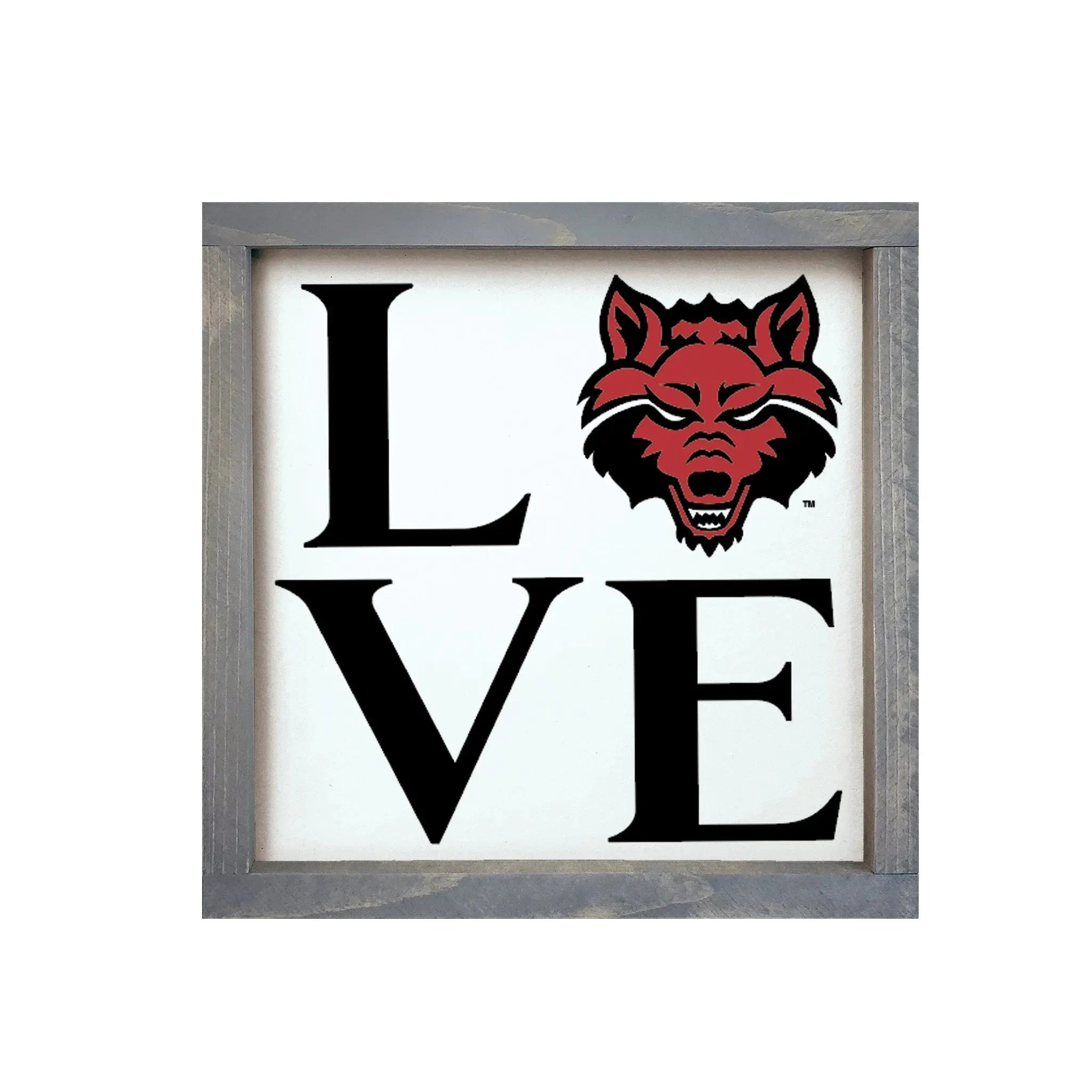 Arkansas State University 12x12 "LOVE" Wood Framed Sign - Wolf Head Weathered Gray Wall Art & Signs