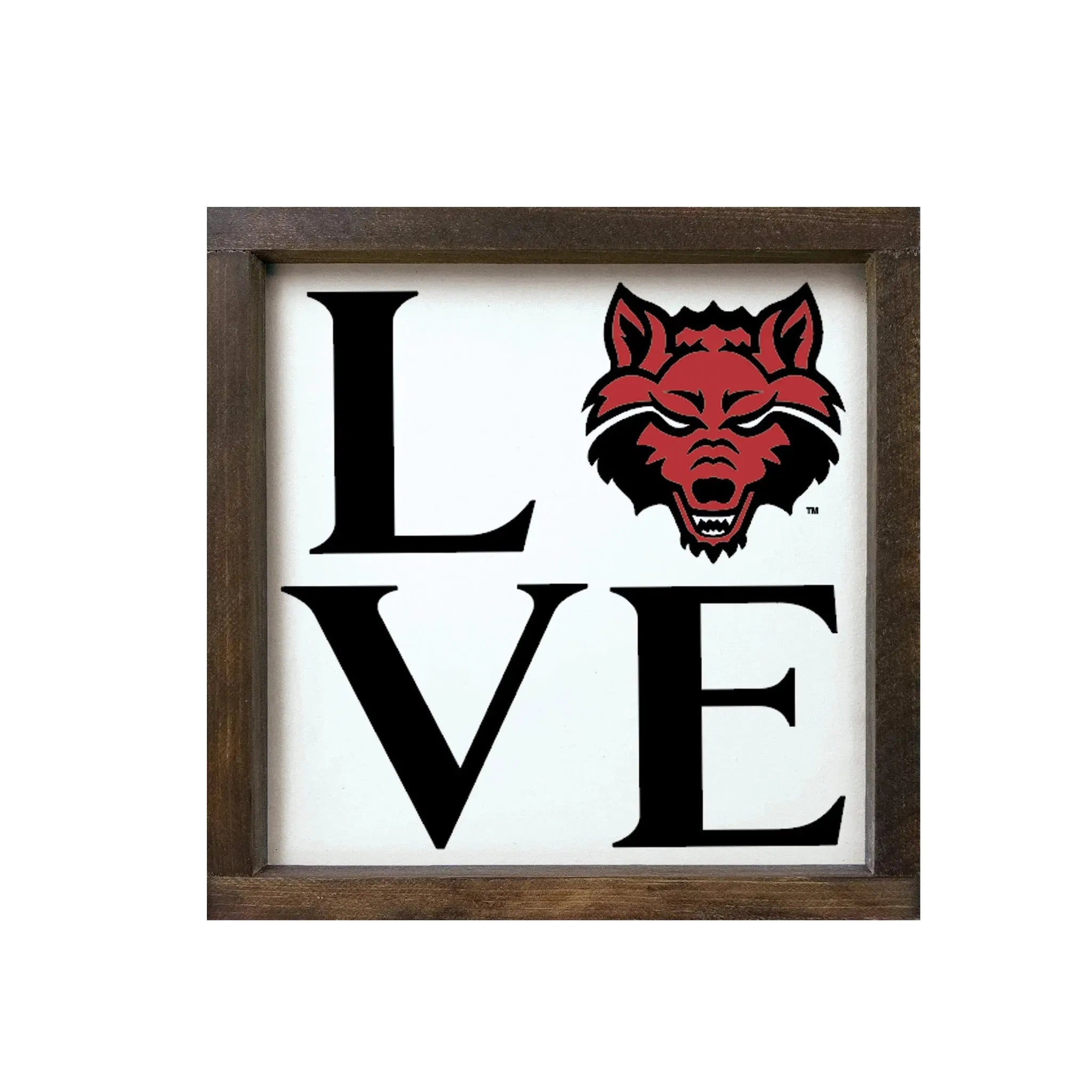 Arkansas State University 12x12 "LOVE" Wood Framed Sign - Wolf Head Walnut Stain Wall Art & Signs