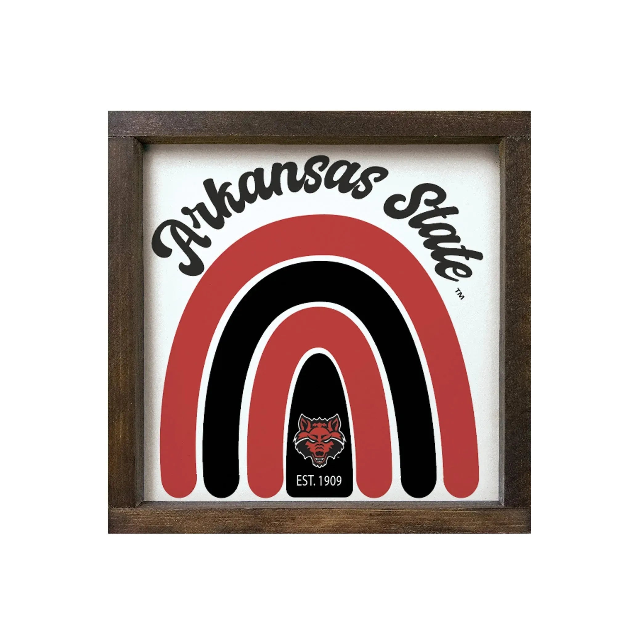 Arkansas State University 12x12 Rainbow Wood Framed Sign Walnut Stain Wall Art & Signs