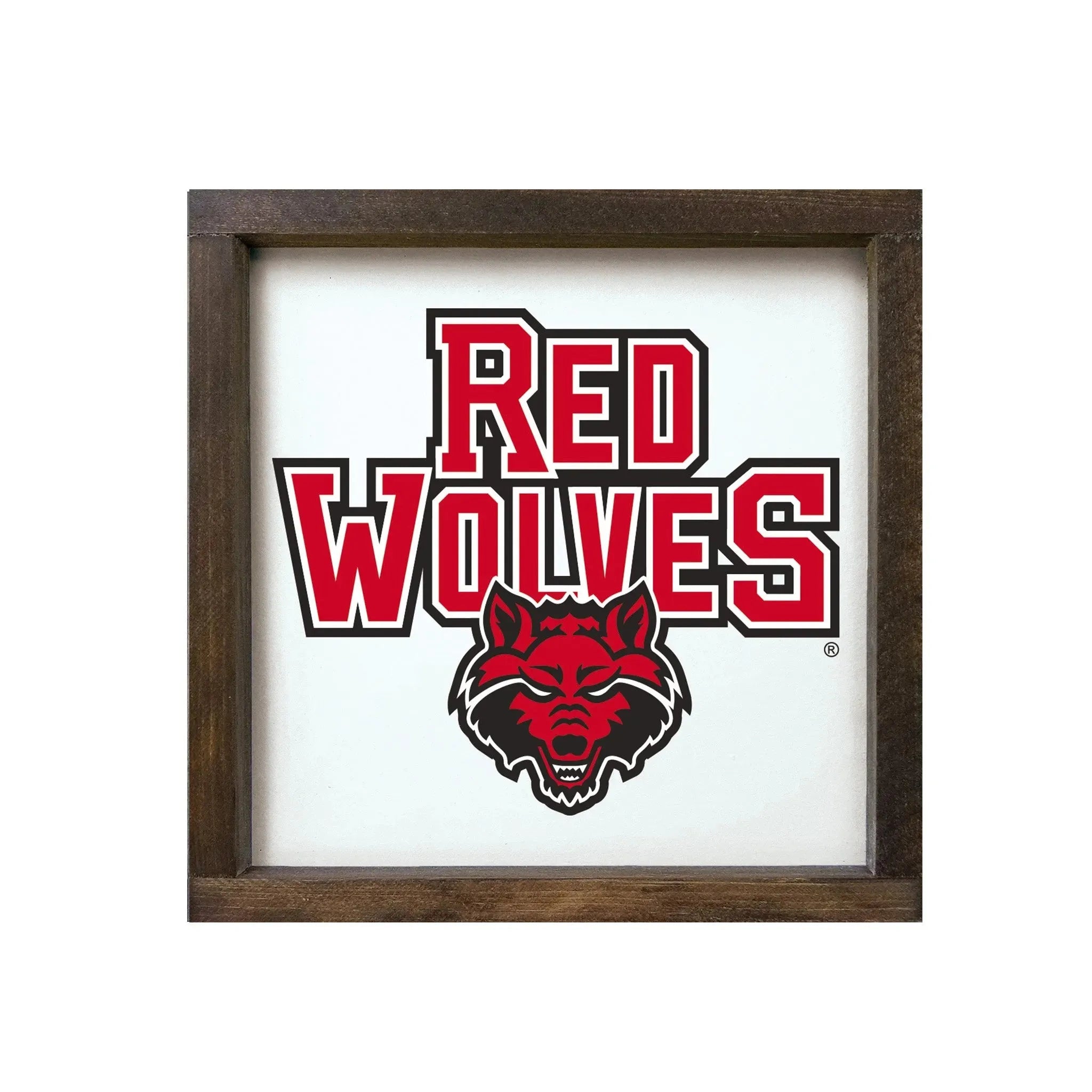Arkansas State University 12x12 Red Wolves Wood Framed Sign Walnut Stain Wall Art & Signs