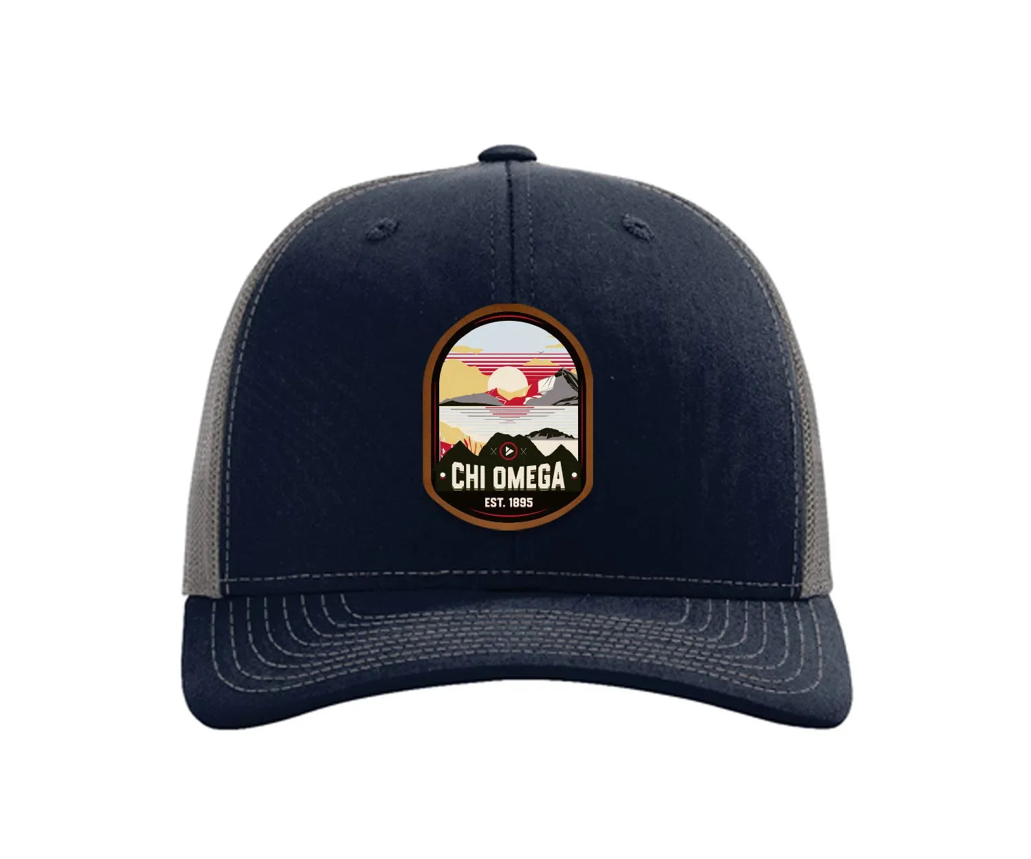 Chi Omega Richardson 112 UV Print Leatherette Patch Trucker Hat - Ventura Navy Charcoal Trucker Hat
