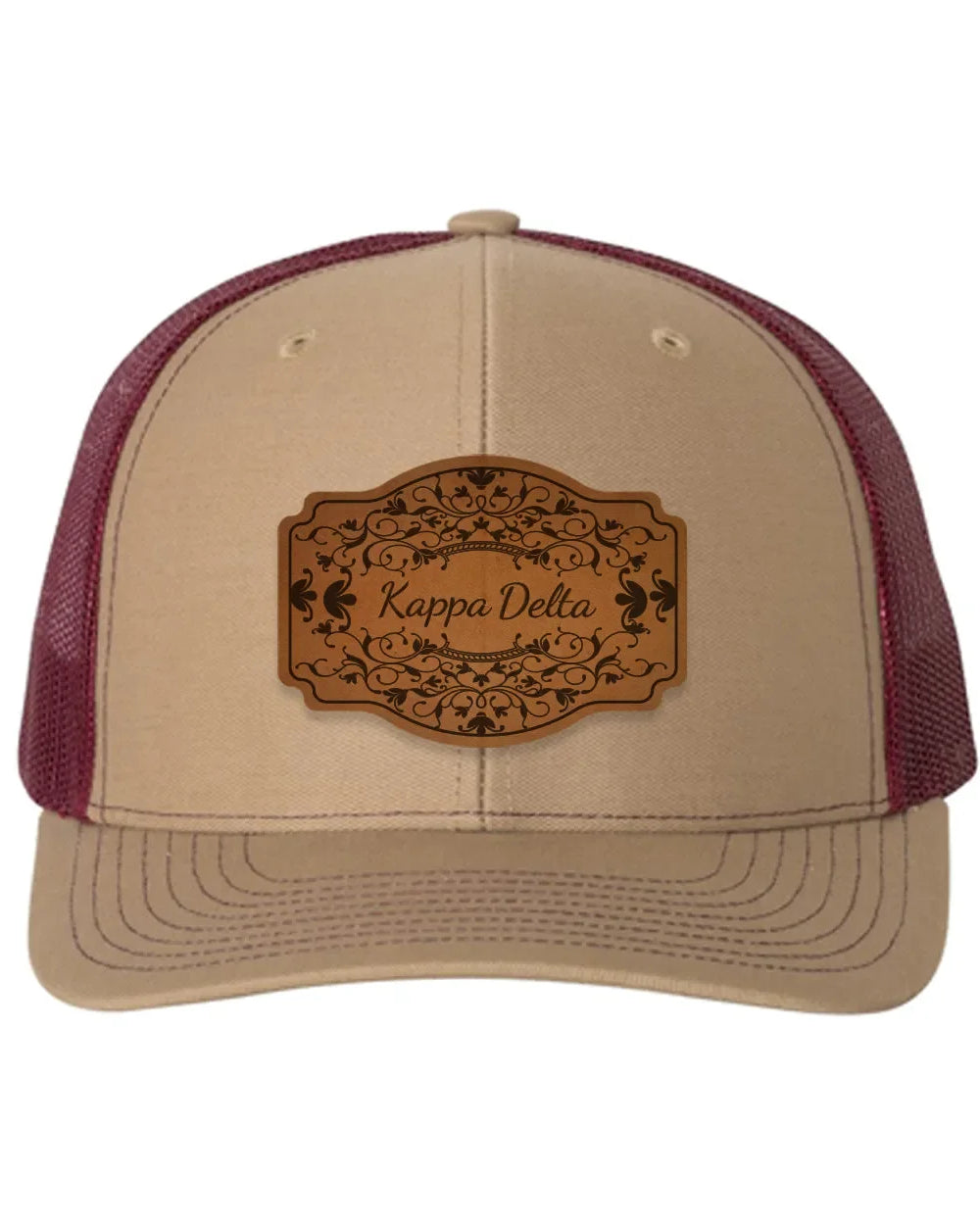 Kappa Delta Richardson 112 Leatherette Patch Trucker Hat - Scroll Khaki Burgundy Trucker Hat