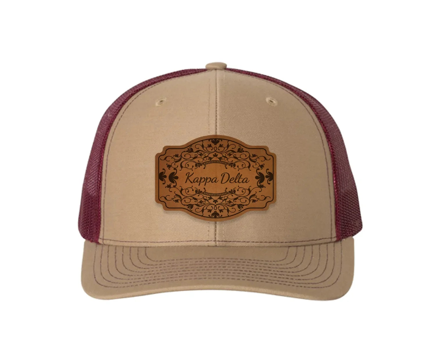 Kappa Delta Richardson 112 Leatherette Patch Trucker Hat - Scroll Khaki Burgundy Trucker Hat