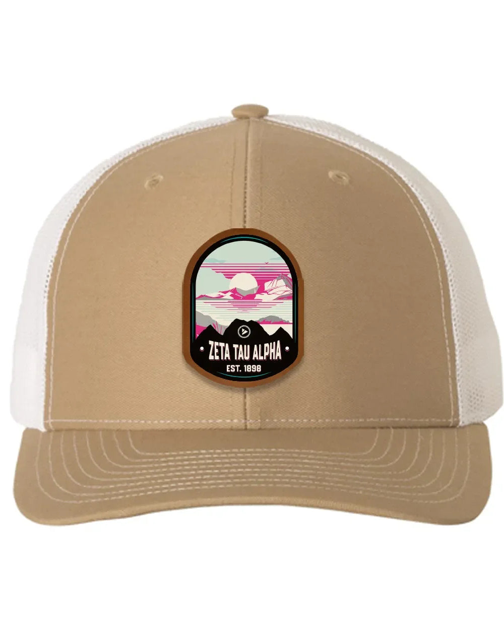 Zeta Tau Alpha Richardson 112 UV Print Leatherette Patch Trucker Hat - Ventura Khaki White Trucker Hat