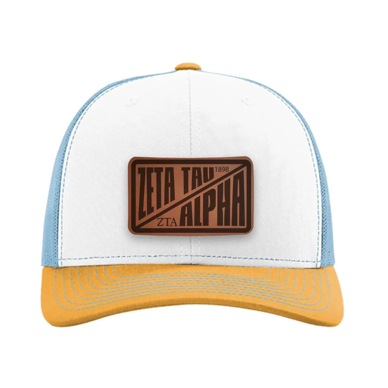 Zeta Tau Alpha Richardson 112 Leatherette Patch Trucker Hat - Divide White Blue Yellow Trucker Hat