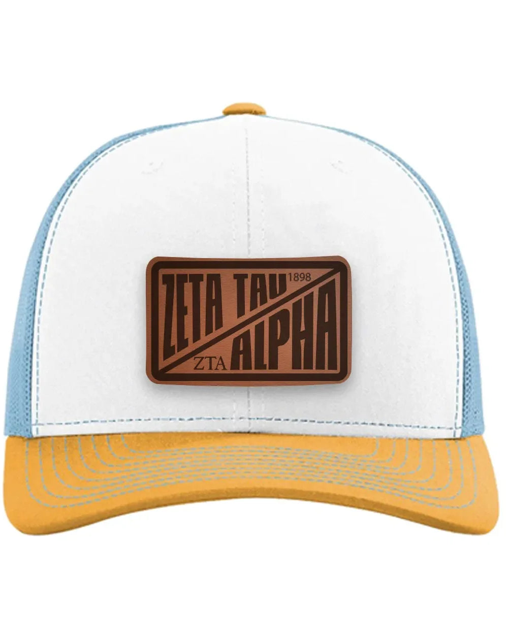 Zeta Tau Alpha Richardson 112 Leatherette Patch Trucker Hat - Divide White Blue Yellow Trucker Hat