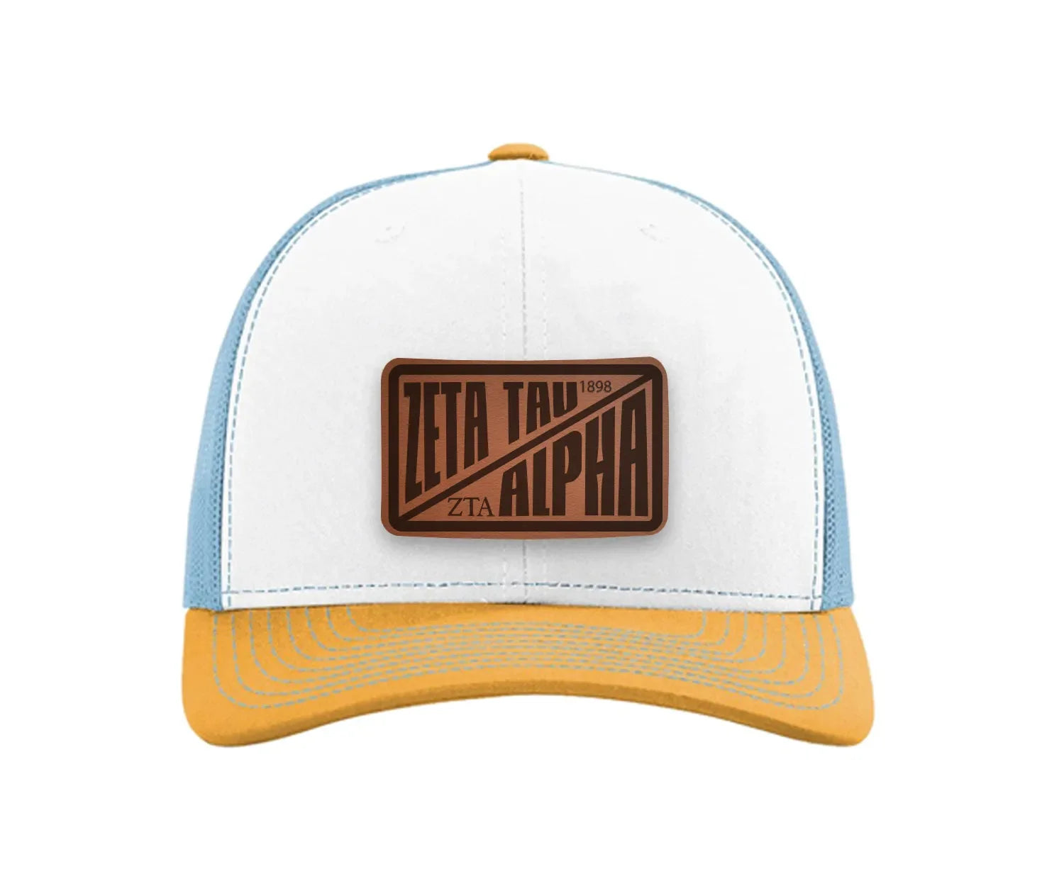 Zeta Tau Alpha Richardson 112 Leatherette Patch Trucker Hat - Divide White Blue Yellow Trucker Hat