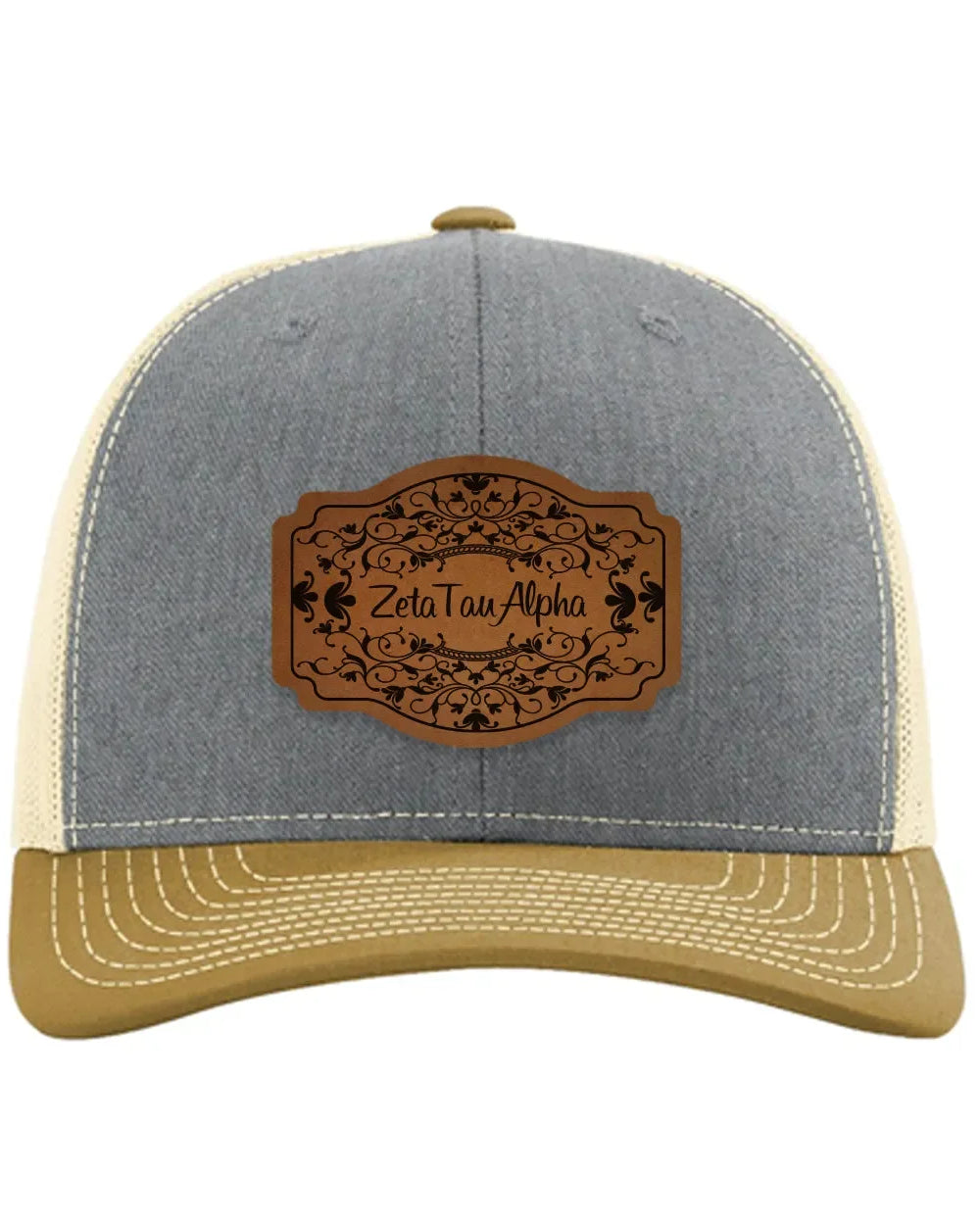 Zeta Tau Alpha Richardson 112 Leatherette Patch Trucker Hat - Scroll Heather Gray Birch Amber Gold Trucker Hat
