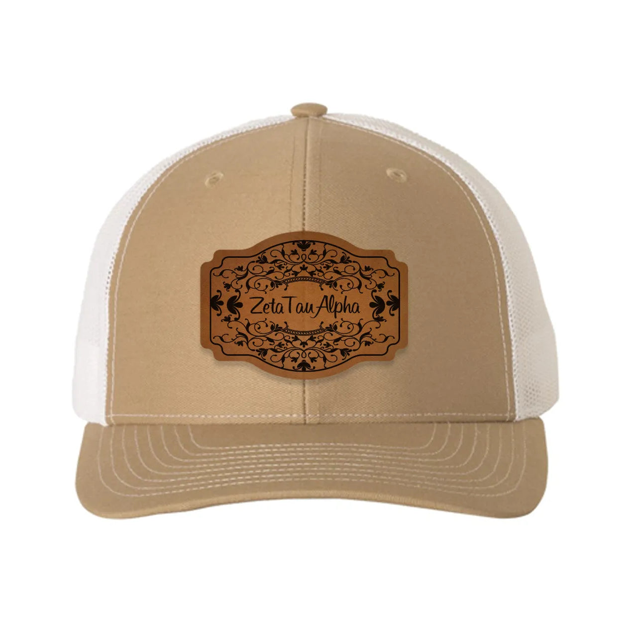 Zeta Tau Alpha Richardson 112 Leatherette Patch Trucker Hat - Scroll Khaki White Trucker Hat