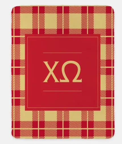 Chi Omega XL 60x80 Plaid Sherpa Throw Blanket Straw Cardinal Throw Blankets