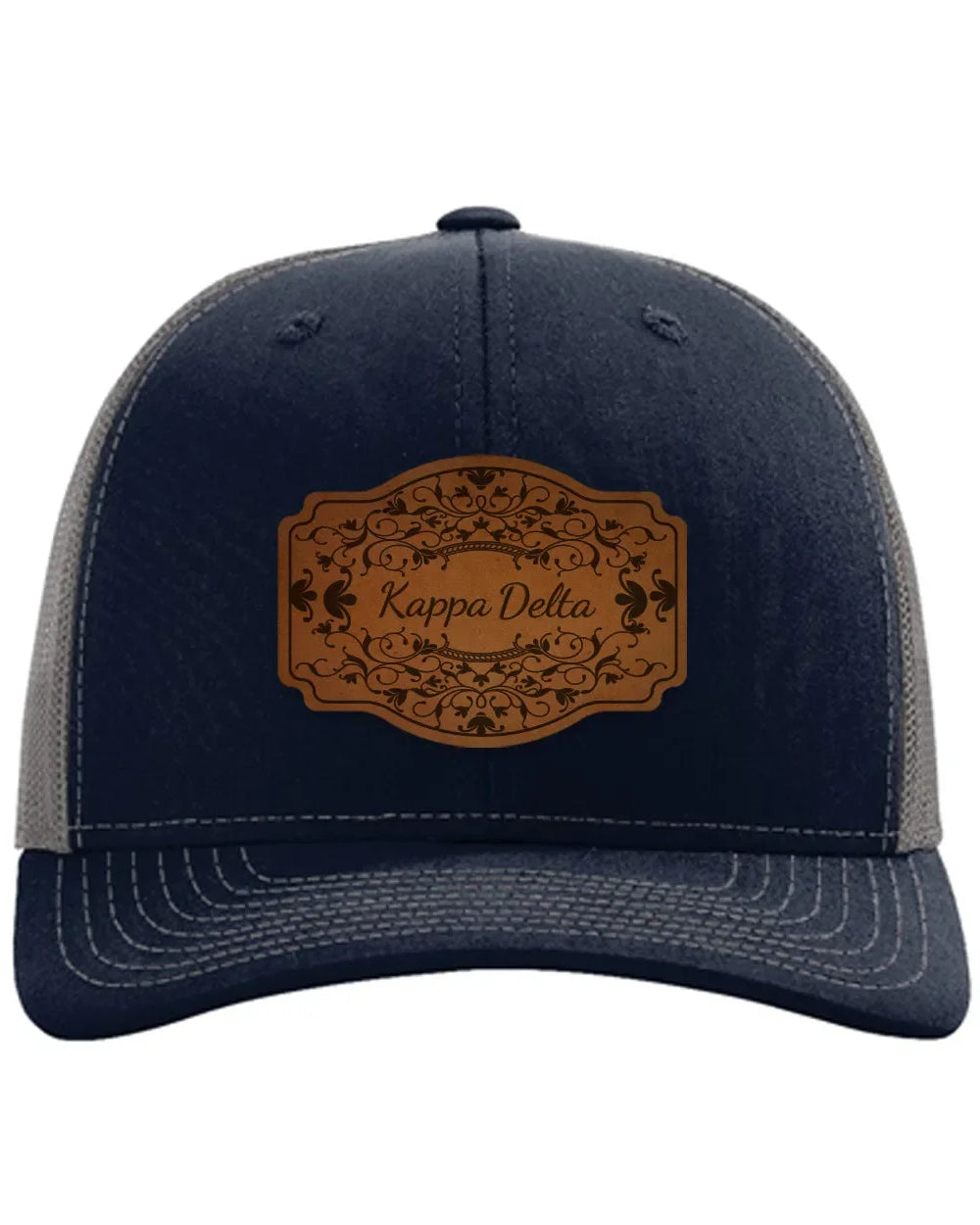 Kappa Delta Richardson 112 Leatherette Patch Trucker Hat - Scroll Navy Charcoal Trucker Hat