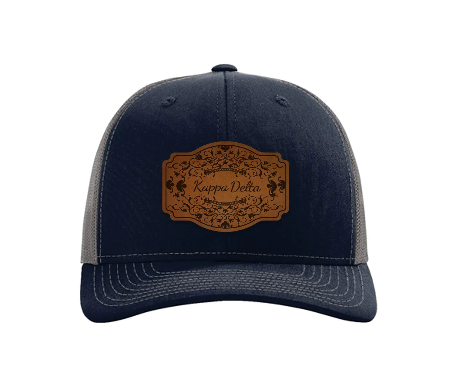 Kappa Delta Richardson 112 Leatherette Patch Trucker Hat - Scroll Navy Charcoal Trucker Hat
