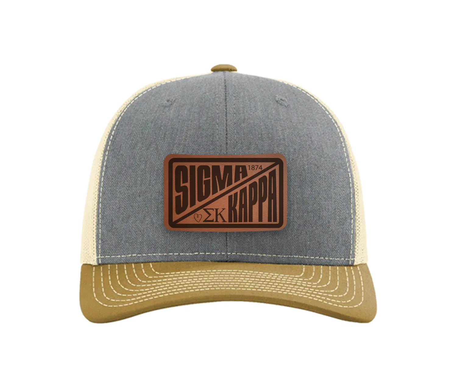 Sigma Kappa Richardson 112 Leatherette Patch Trucker Hat - Divide Heather Gray Birch Amber Gold Trucker Hat