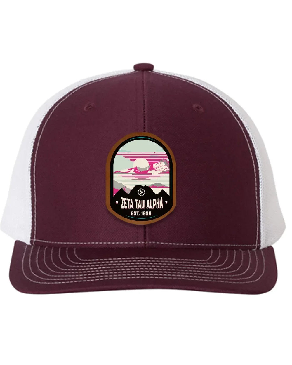 Zeta Tau Alpha Richardson 112 UV Print Leatherette Patch Trucker Hat - Ventura Maroon White Trucker Hat