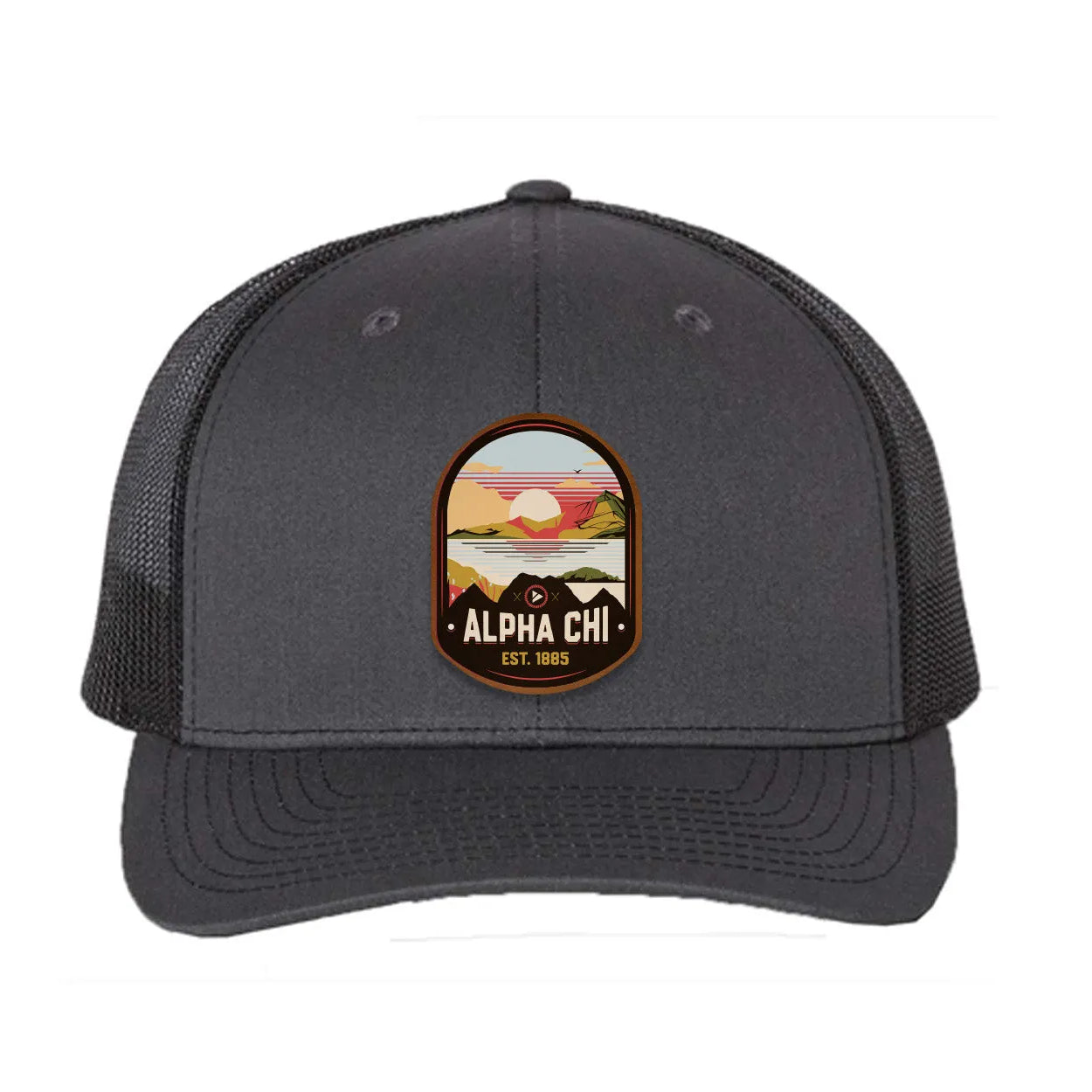 Alpha Chi Omega Richardson 112 UV Print Leatherette Patch Trucker Hat - Ventura Charcoal Black Trucker Hat