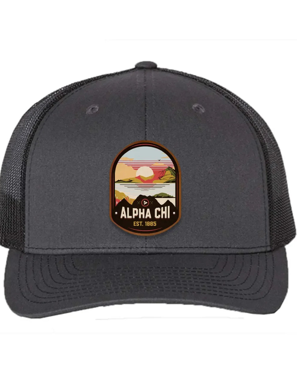Alpha Chi Omega Richardson 112 UV Print Leatherette Patch Trucker Hat - Ventura Charcoal Black Trucker Hat