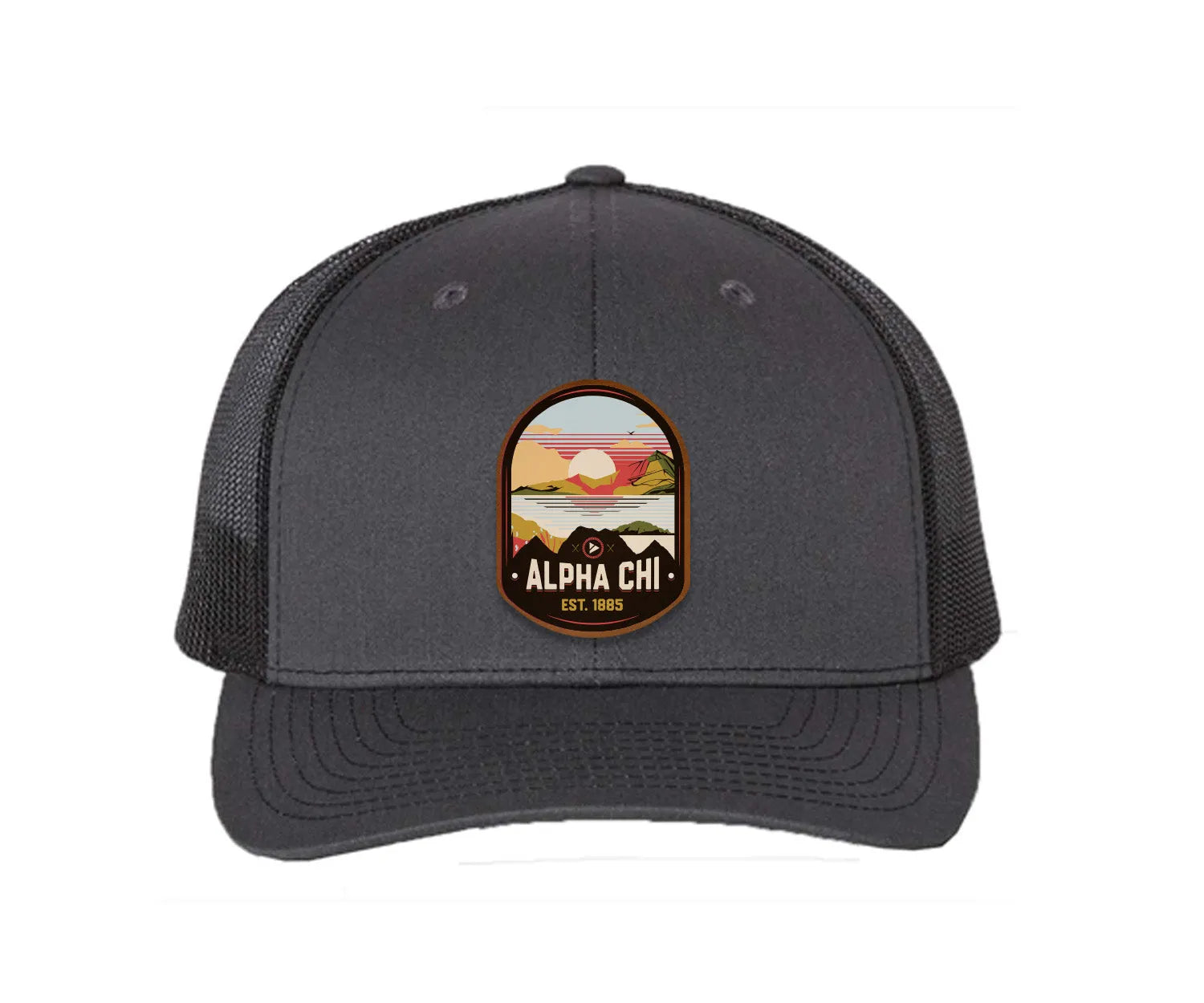Alpha Chi Omega Richardson 112 UV Print Leatherette Patch Trucker Hat - Ventura Charcoal Black Trucker Hat