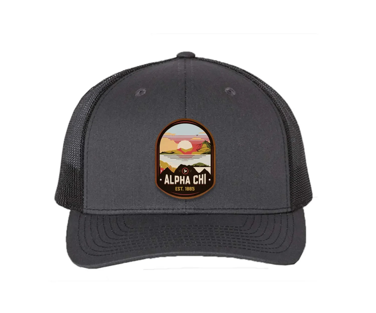 Alpha Chi Omega Richardson 112 UV Print Leatherette Patch Trucker Hat - Ventura Charcoal Black Trucker Hat