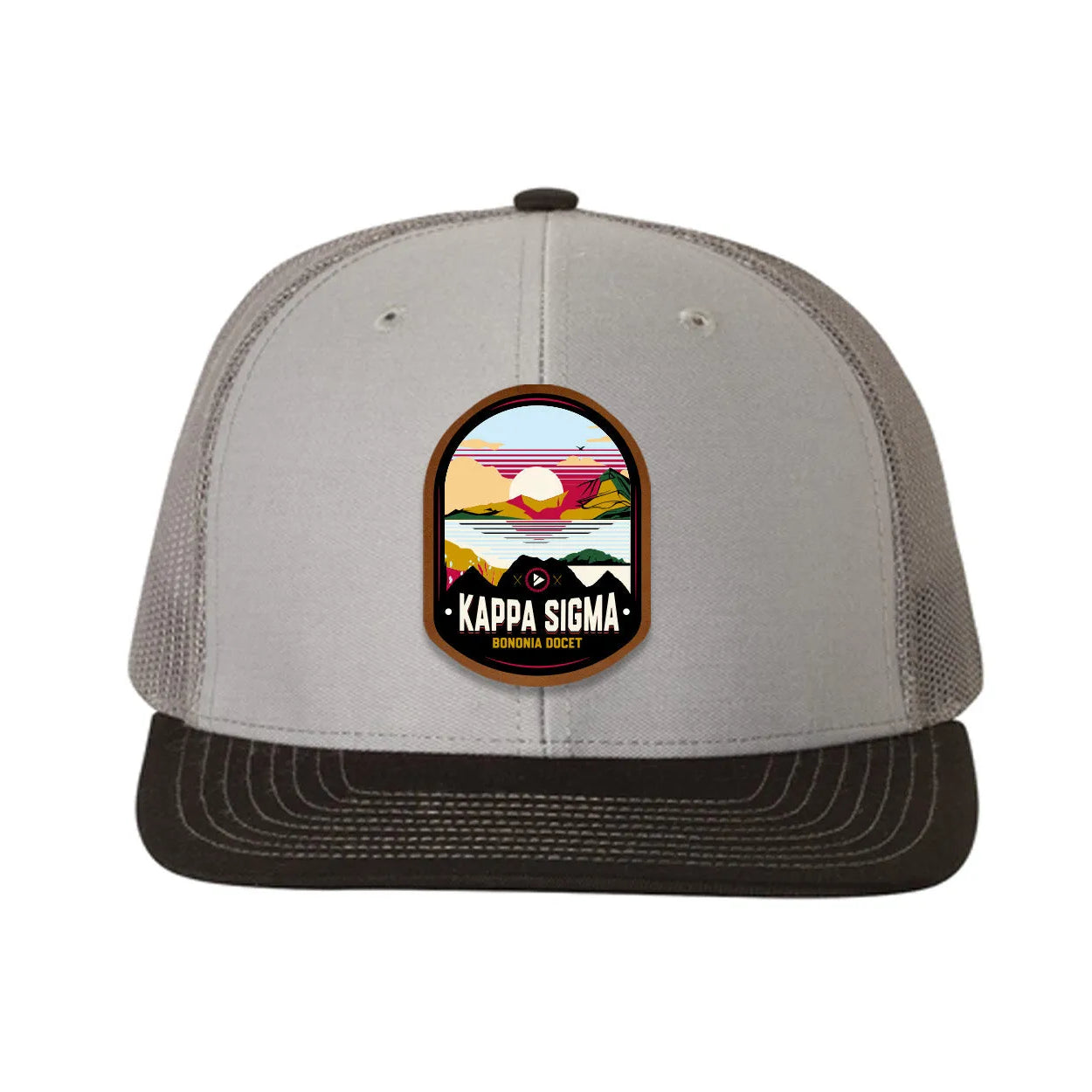 Kappa Sigma Richardson 112 UV Print Leatherette Patch Trucker Hat - Ventura Gray Charcoal Black Trucker Hat