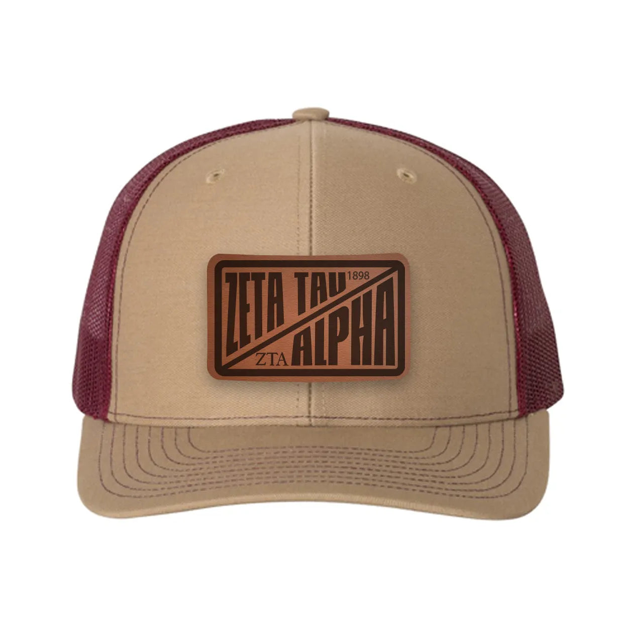 Zeta Tau Alpha Richardson 112 Leatherette Patch Trucker Hat - Divide Khaki Burgundy Trucker Hat