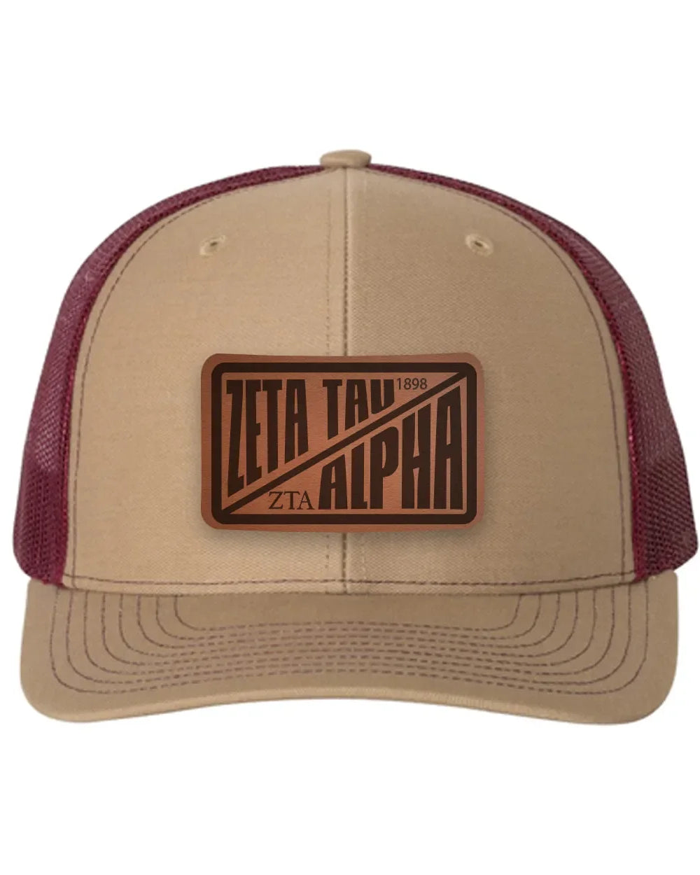 Zeta Tau Alpha Richardson 112 Leatherette Patch Trucker Hat - Divide Khaki Burgundy Trucker Hat
