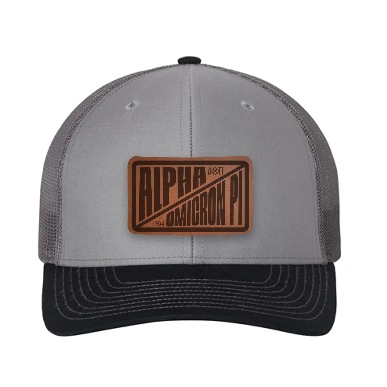 Alpha Omicron Pi Richardson 112 Leatherette Patch Trucker Hat - Divide Gray Charcoal Navy Trucker Hat