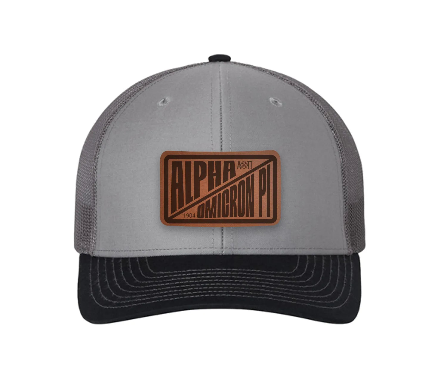 Alpha Omicron Pi Richardson 112 Leatherette Patch Trucker Hat - Divide Gray Charcoal Navy Trucker Hat