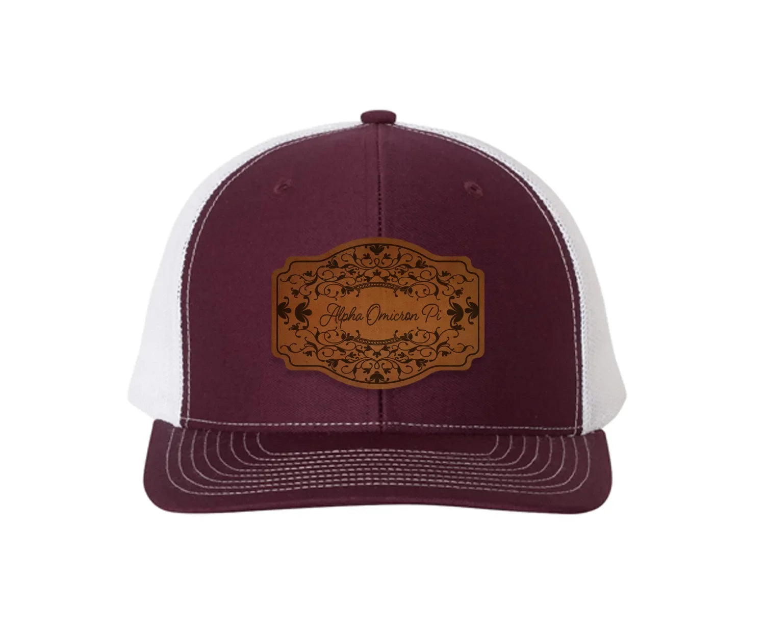 Alpha Omicron Pi Richardson 112 Leatherette Patch Trucker Hat - Scroll Maroon White Trucker Hat