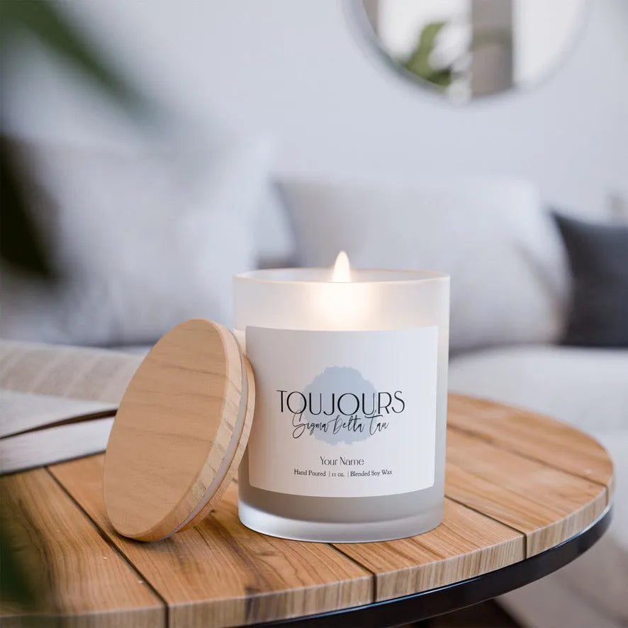 Personalized Sigma Delta Tau Frosted Glass Candle (Hand Poured 11 oz) - Toujours Candles