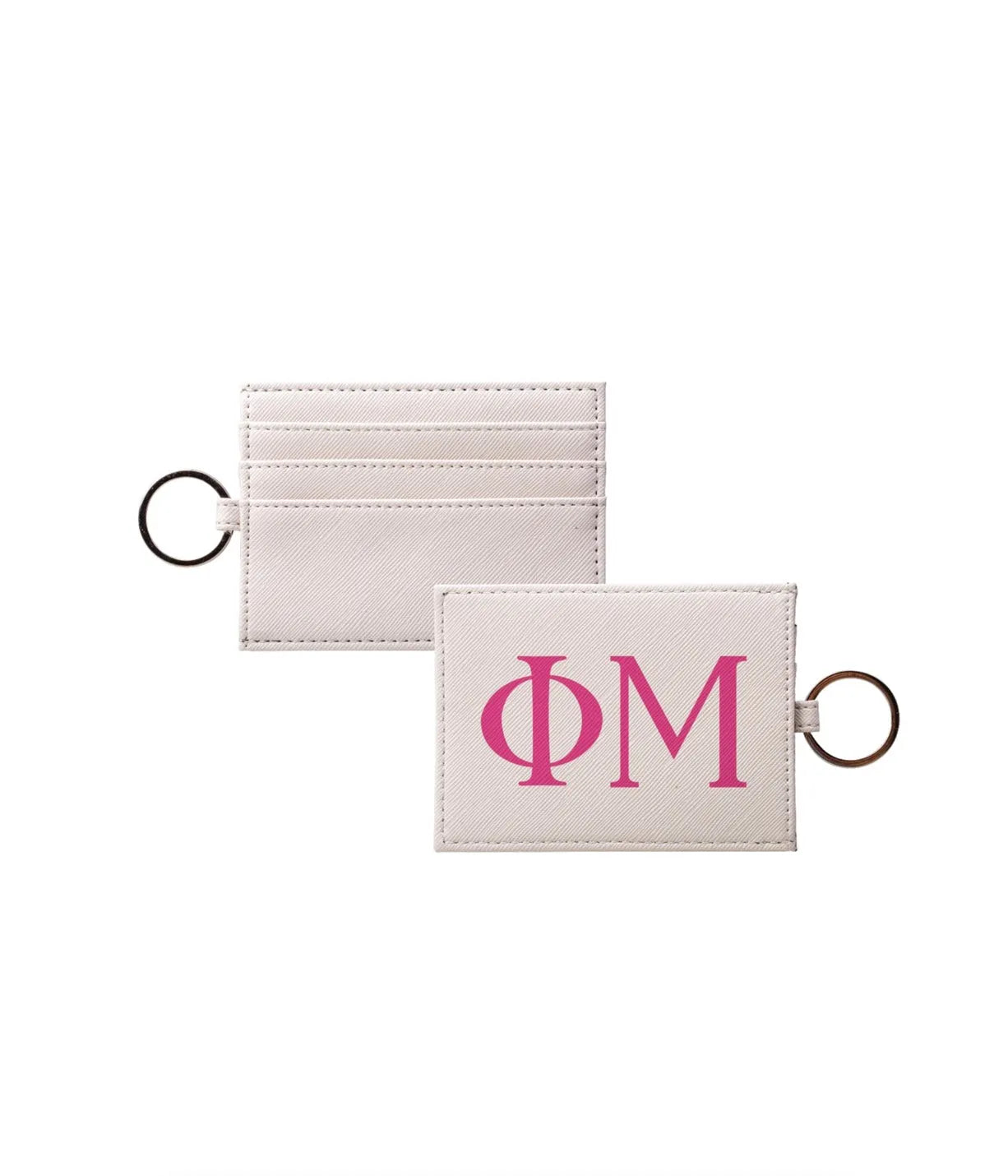 Phi Mu Vegan Saffiano Leather Keychain Card Holder - Greek Letters Carnation Travel Wallet