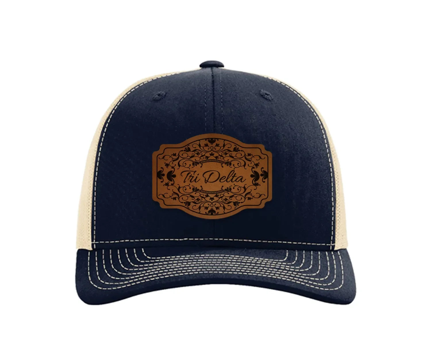 Tri Delta Richardson 112 Leatherette Patch Trucker Hat - Scroll Navy Khaki Trucker Hat