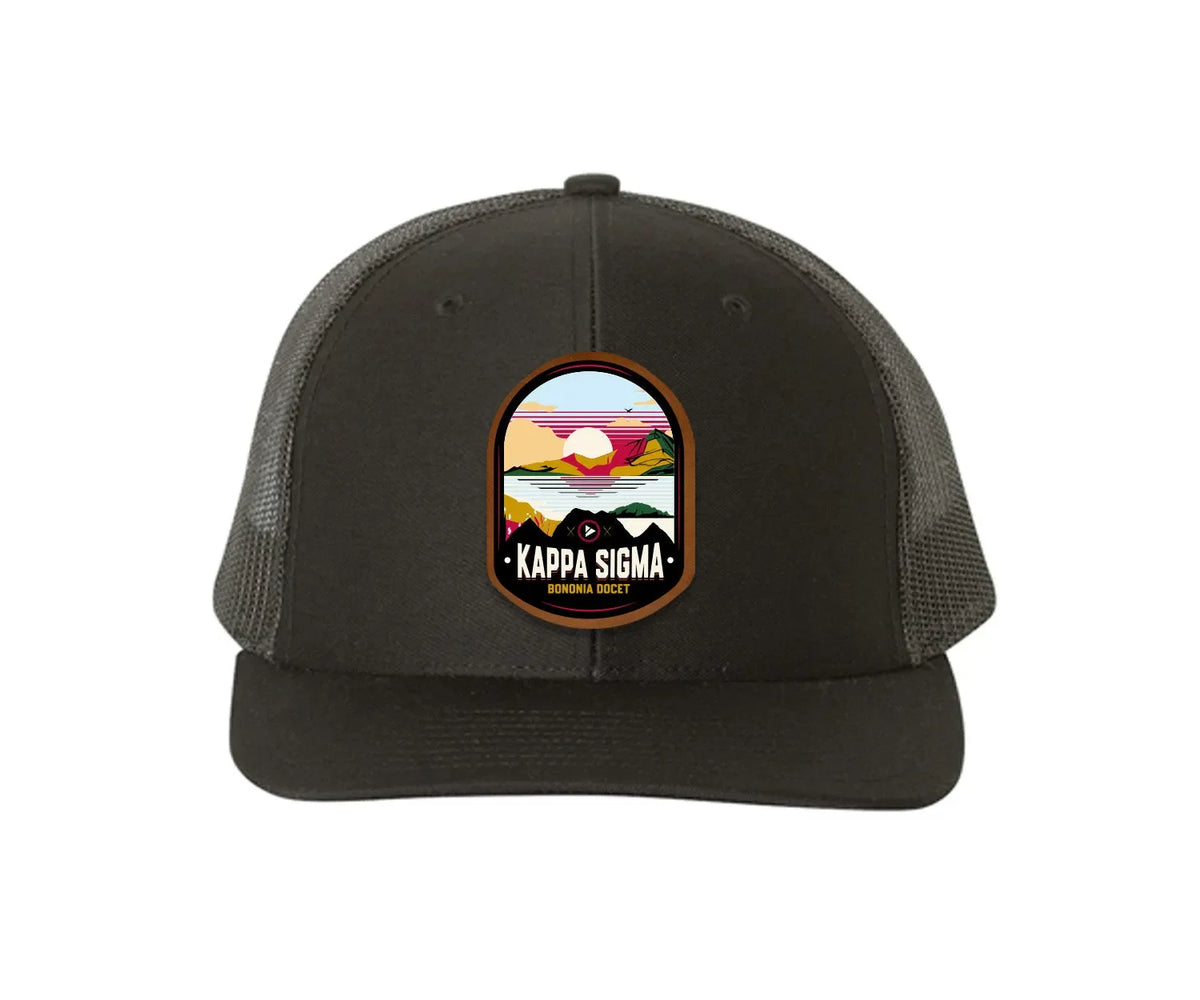 Kappa Sigma Richardson 112 UV Print Leatherette Patch Trucker Hat - Ventura Black Black Trucker Hat