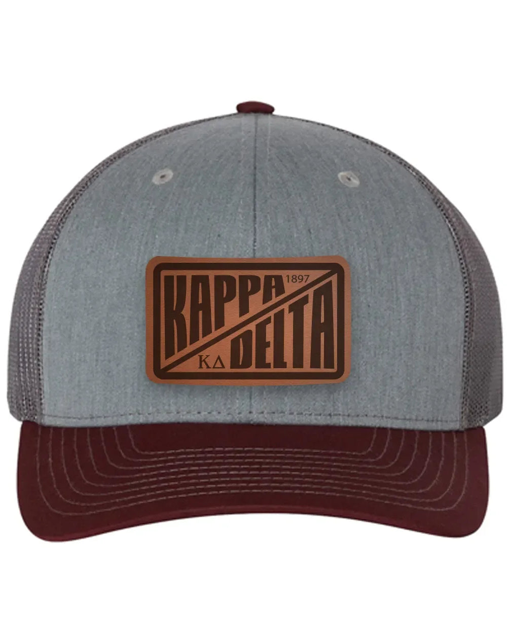 Kappa Delta Richardson 112 Leatherette Patch Trucker Hat - Divide Heather Gray Charcoal Maroon Trucker Hat