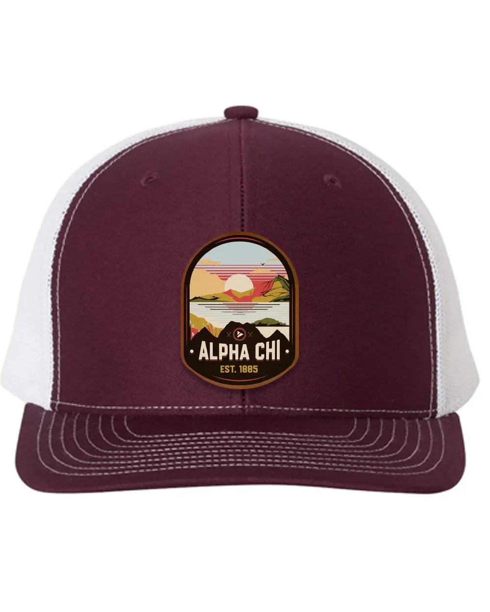 Alpha Chi Omega Richardson 112 UV Print Leatherette Patch Trucker Hat - Ventura Maroon White Trucker Hat