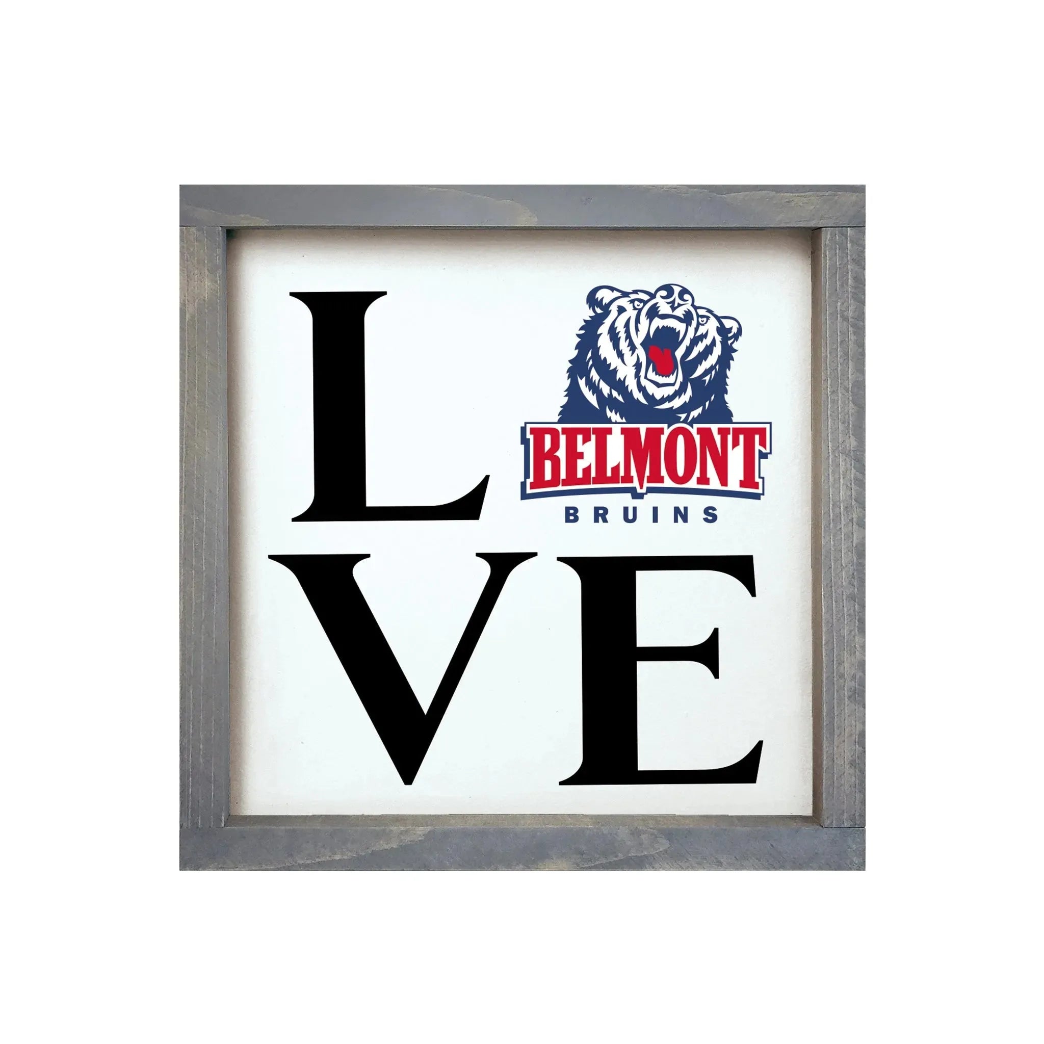 Belmont University Framed Sign - "LOVE" 12"x12" Weathered Gray Wall Art & Signs