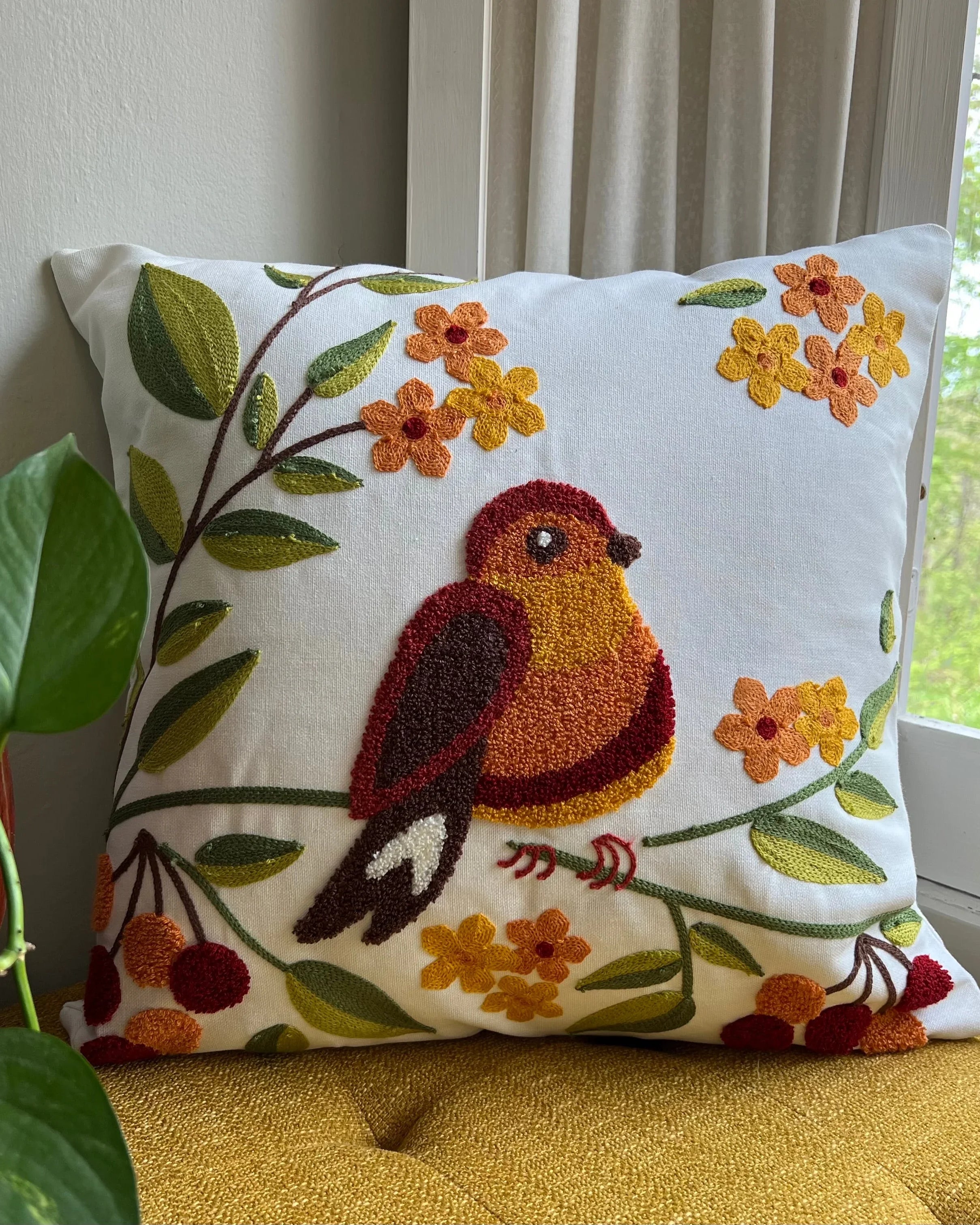 Bird & Bloom Embroidered Pillow Cover | Dorm Decor