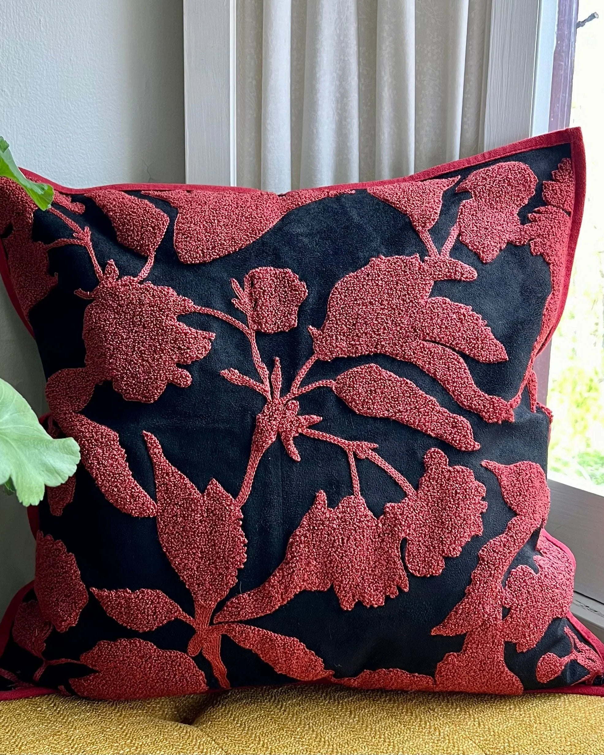 Red and Black Floral Embroidered Pillow Cover | Colorful Dorm Decor
