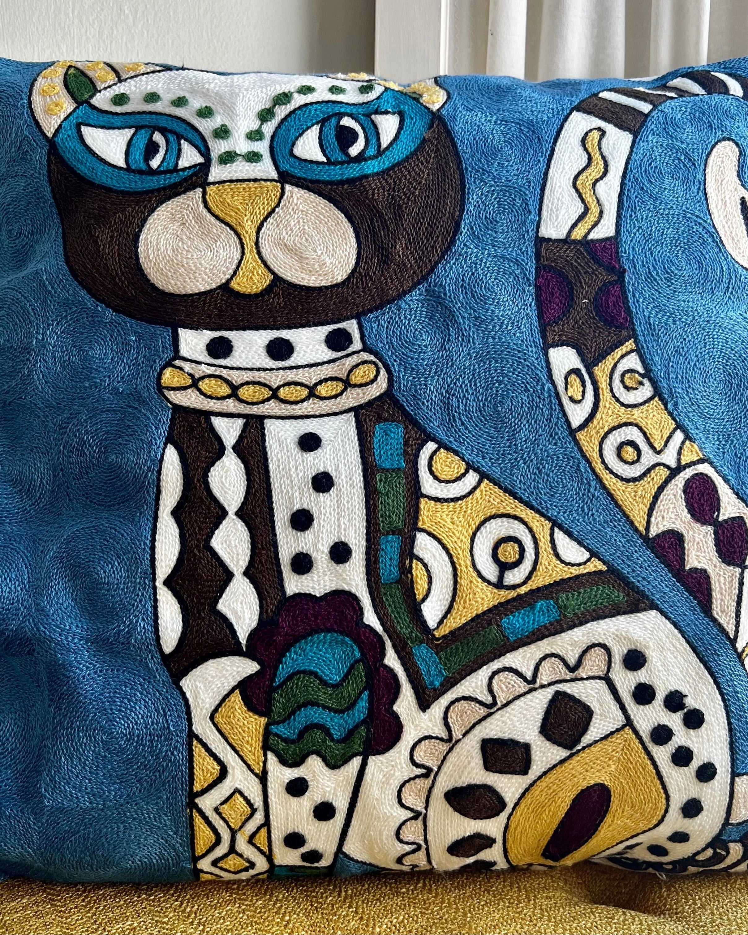 Blue Abstract Cat Embroidered Pillow Cover | Dorm Decor