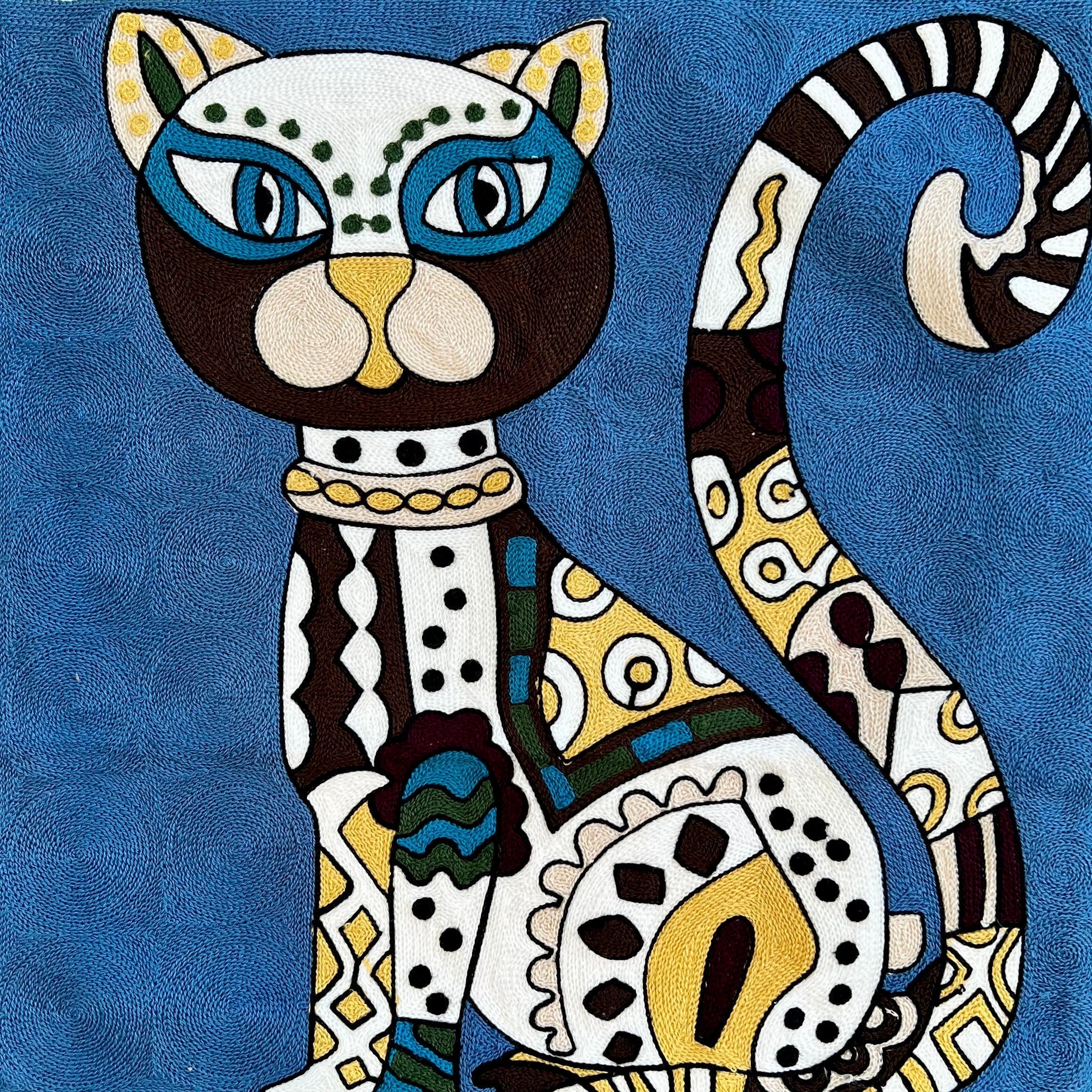 Blue Abstract Cat Embroidered Pillow Cover | Dorm Decor