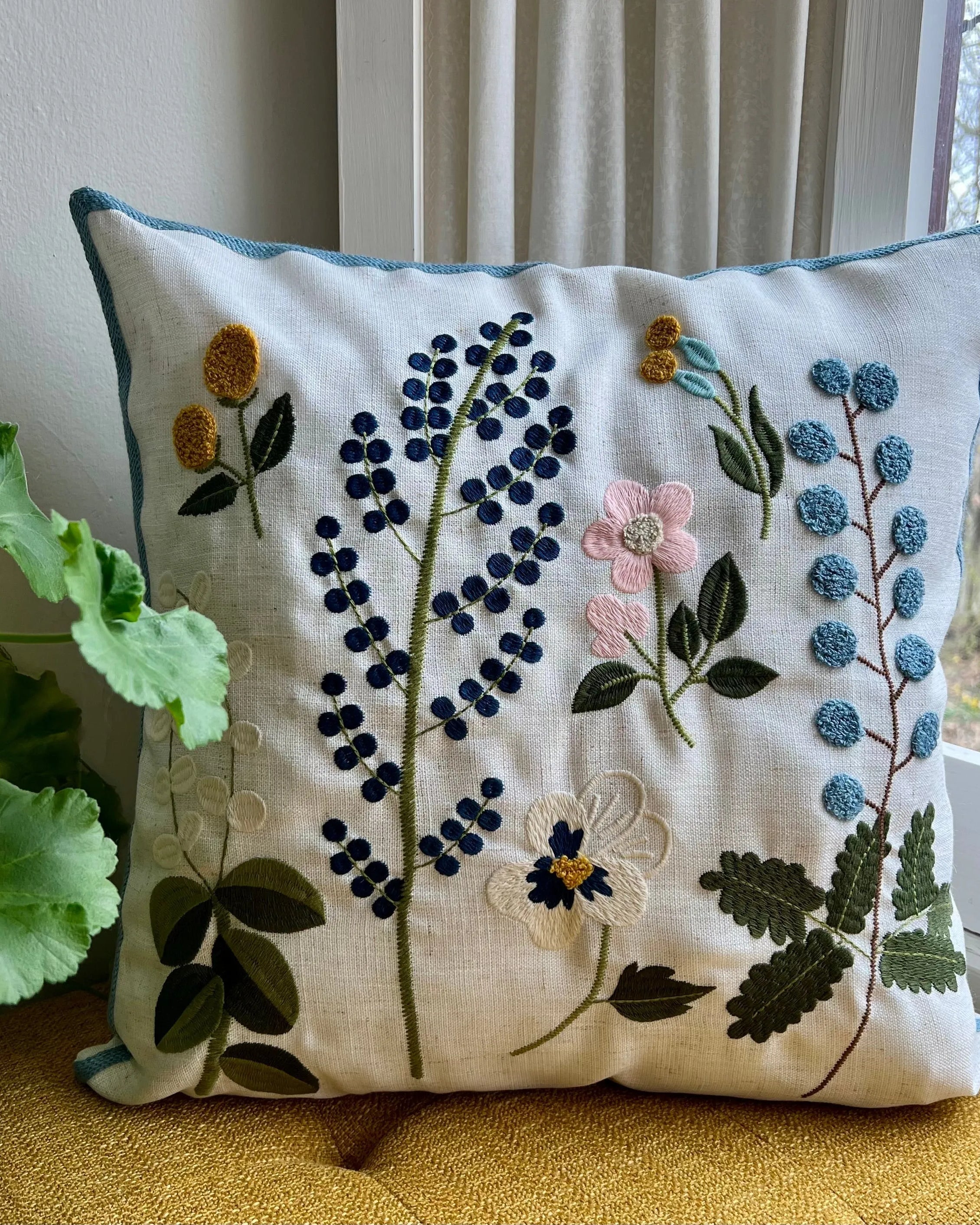 Blue Trim Wildflower Embroidered Pillow Cover | Cottage Core Dorm Decor