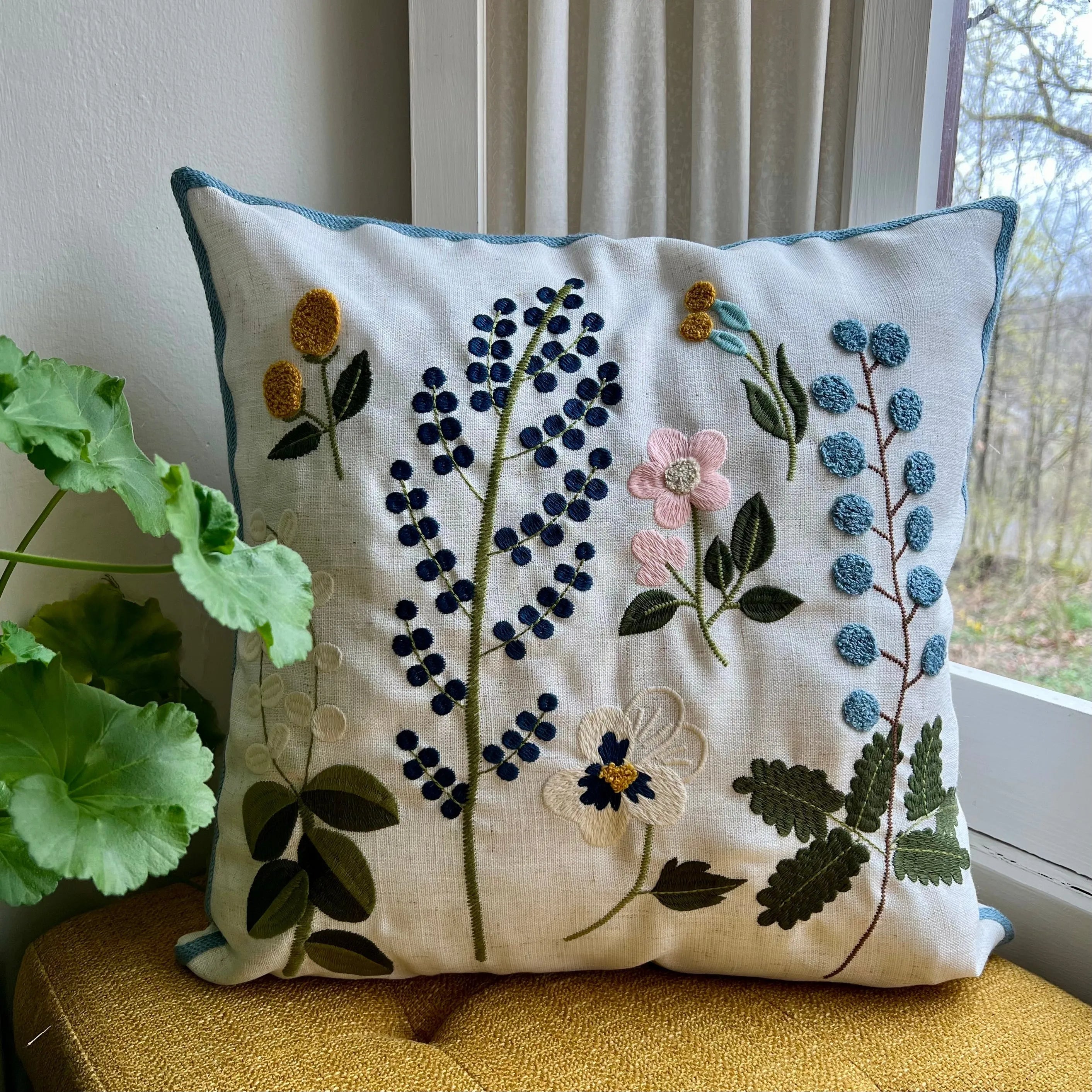 Blue Trim Wildflower Embroidered Pillow Cover | Cottage Core Dorm Decor