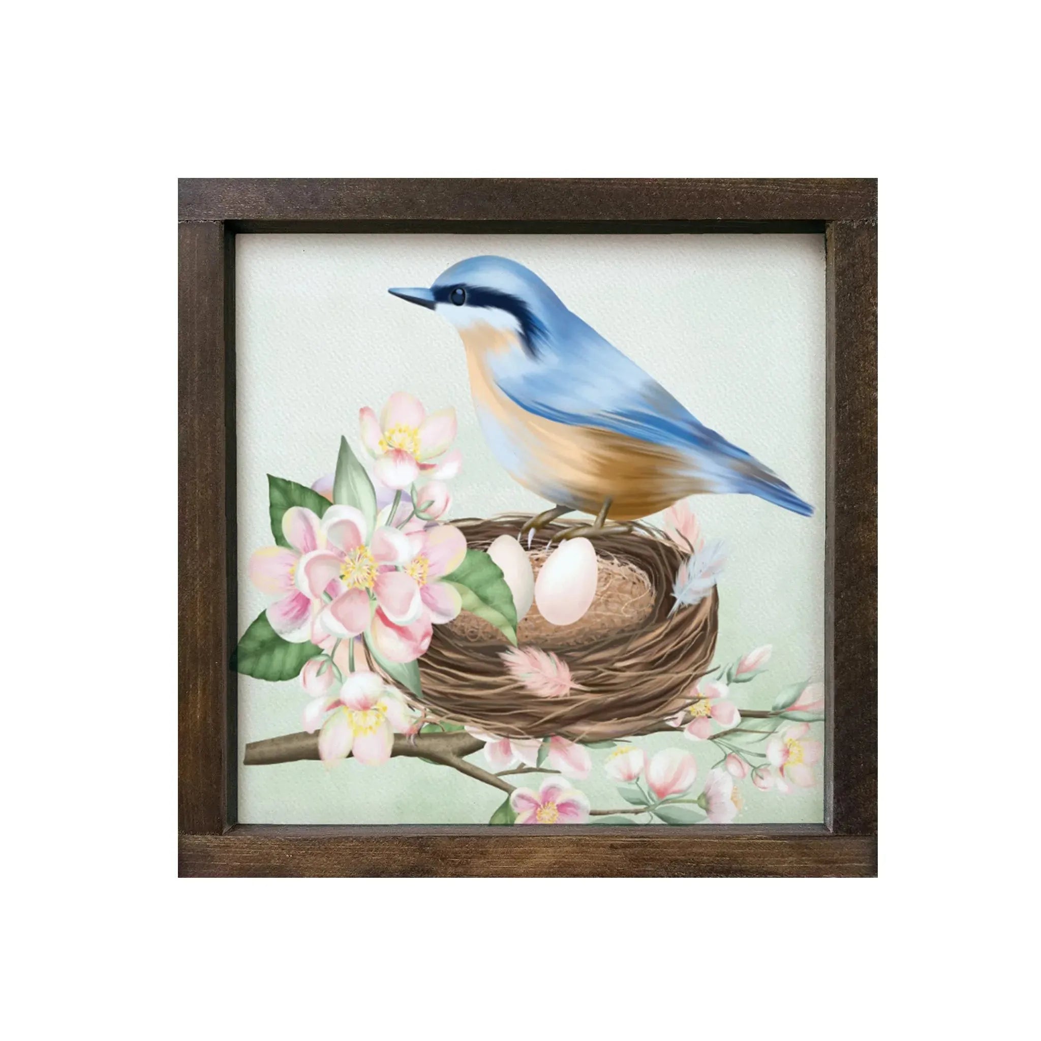 Blue Bird Framed Wood Sign - 12"x12" Walnut Frame Wall Art & Signs