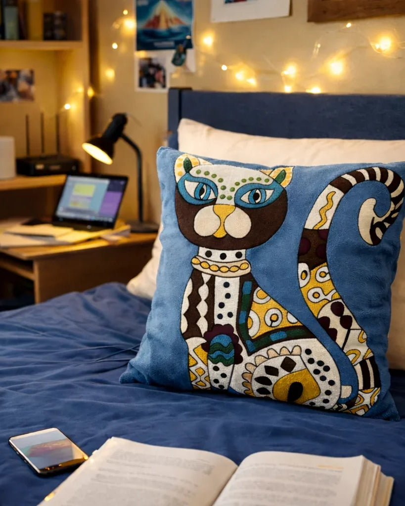 Blue Abstract Cat Embroidered Pillow Cover | Dorm Decor