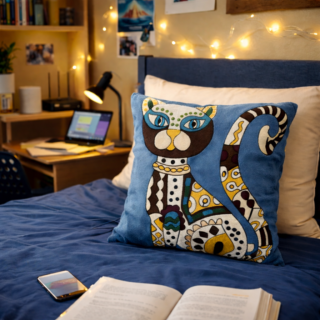 Blue Abstract Cat Embroidered Pillow Cover | Dorm Decor